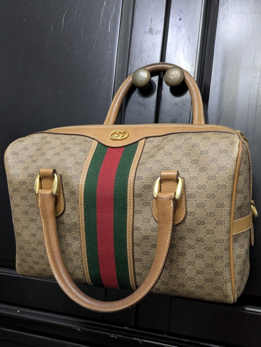 Gucci Brown Canvas Boston Bag with Red & Green Stripe